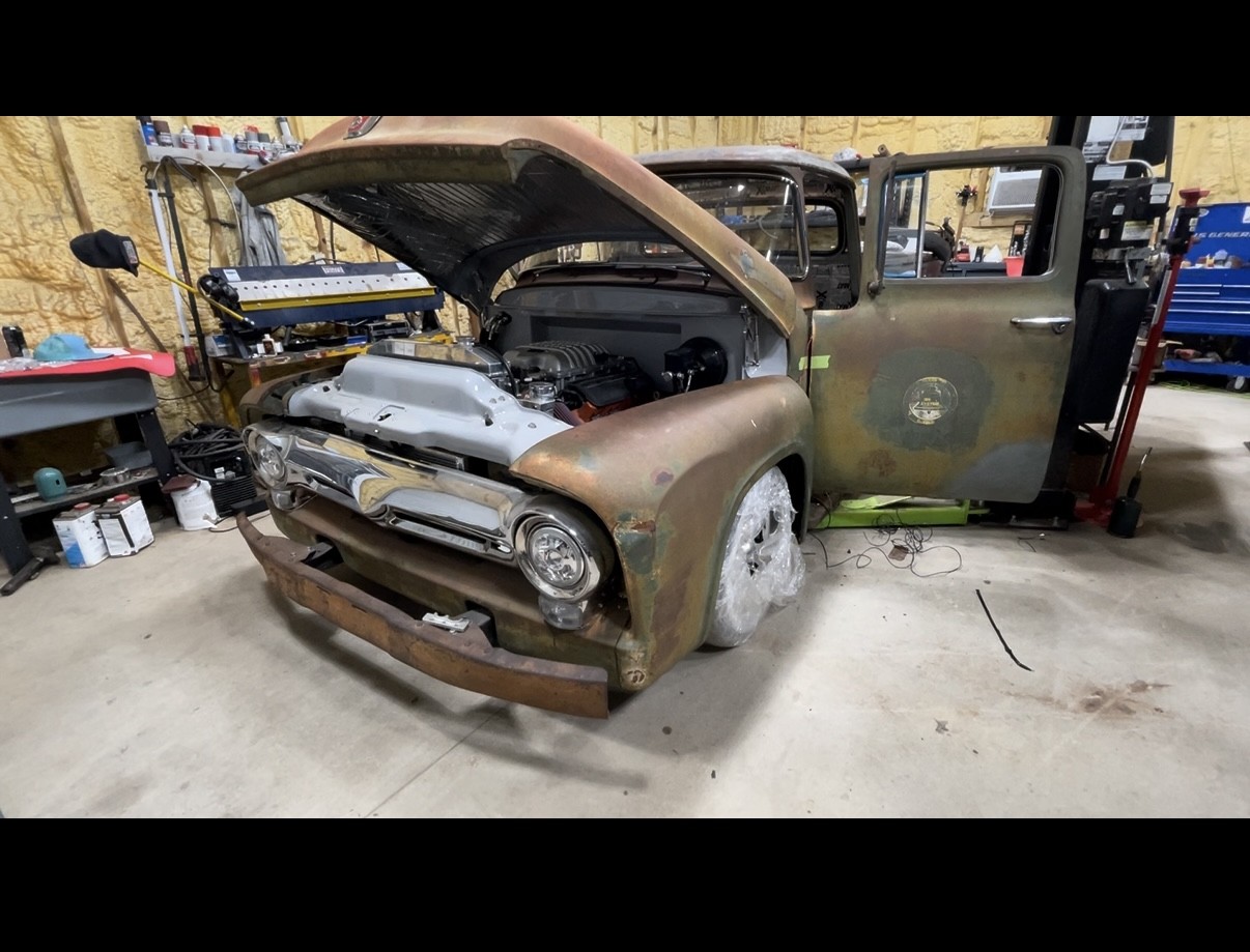 Patina Ford F-100 pickup with an LS engine swap in progress